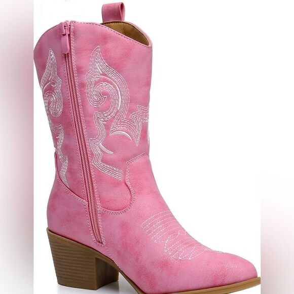 Women's Mid Calf The Western Cowgirl Boots Chunky Low Heel - Picture 11 of 16